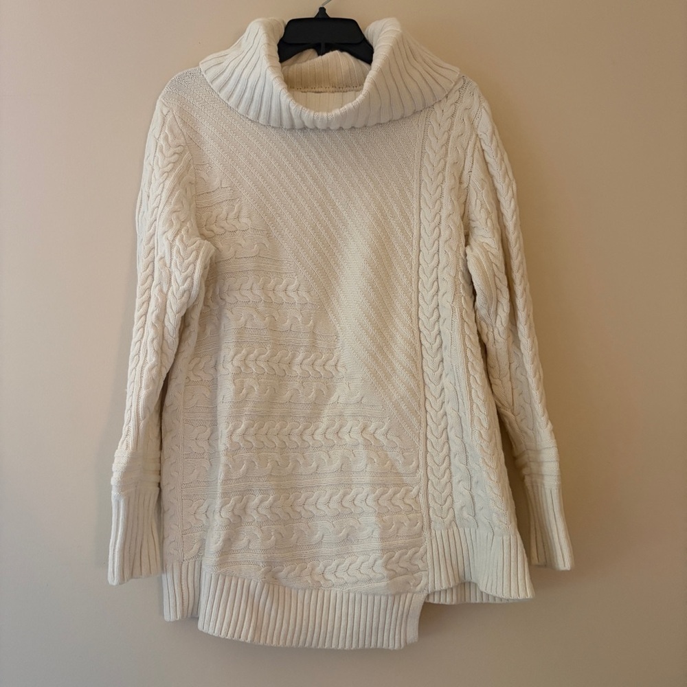 L.L.Bean Mixed Cable Fisherman Cowlneck Sweater L Cream Merino Wool Blend